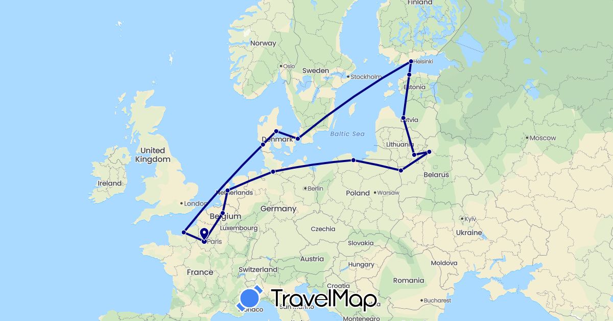 TravelMap itinerary: driving in Belgium, Belarus, Germany, Denmark, Estonia, Finland, France, Lithuania, Latvia, Netherlands, Poland (Europe)